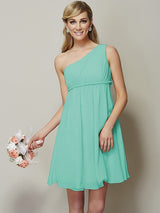 Classy Sleeveless One Shoulders Sash/Ribbon/Belt Short Chiffon Bridesmaid Dresses-Ballbella