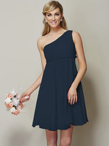 Classy Sleeveless One Shoulders Sash/Ribbon/Belt Short Chiffon Bridesmaid Dresses-Ballbella