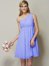 Classy Sleeveless One Shoulders Sash/Ribbon/Belt Short Chiffon Bridesmaid Dresses-Ballbella
