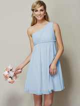 Classy Sleeveless One Shoulders Sash/Ribbon/Belt Short Chiffon Bridesmaid Dresses-Ballbella