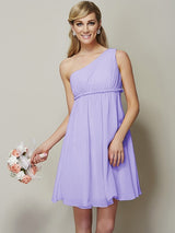 Classy Sleeveless One Shoulders Sash/Ribbon/Belt Short Chiffon Bridesmaid Dresses-Ballbella