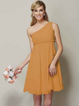 Classy Sleeveless One Shoulders Sash/Ribbon/Belt Short Chiffon Bridesmaid Dresses-Ballbella