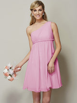 Classy Sleeveless One Shoulders Sash/Ribbon/Belt Short Chiffon Bridesmaid Dresses-Ballbella