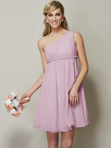 Classy Sleeveless One Shoulders Sash/Ribbon/Belt Short Chiffon Bridesmaid Dresses-Ballbella