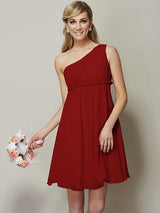Classy Sleeveless One Shoulders Sash/Ribbon/Belt Short Chiffon Bridesmaid Dresses-Ballbella