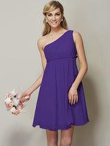 Classy Sleeveless One Shoulders Sash/Ribbon/Belt Short Chiffon Bridesmaid Dresses-Ballbella