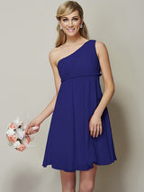 Classy Sleeveless One Shoulders Sash/Ribbon/Belt Short Chiffon Bridesmaid Dresses-Ballbella