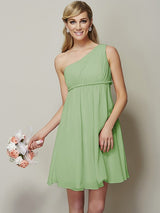 Classy Sleeveless One Shoulders Sash/Ribbon/Belt Short Chiffon Bridesmaid Dresses-Ballbella