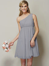 Classy Sleeveless One Shoulders Sash/Ribbon/Belt Short Chiffon Bridesmaid Dresses-Ballbella