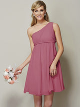 Classy Sleeveless One Shoulders Sash/Ribbon/Belt Short Chiffon Bridesmaid Dresses-Ballbella