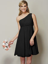 Classy Sleeveless One Shoulders Sash/Ribbon/Belt Short Chiffon Bridesmaid Dresses-Ballbella