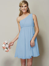 Classy Sleeveless One Shoulders Sash/Ribbon/Belt Short Chiffon Bridesmaid Dresses-Ballbella