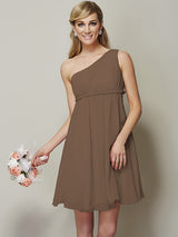 Classy Sleeveless One Shoulders Sash/Ribbon/Belt Short Chiffon Bridesmaid Dresses-Ballbella