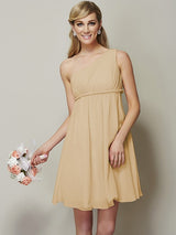 Classy Sleeveless One Shoulders Sash/Ribbon/Belt Short Chiffon Bridesmaid Dresses-Ballbella