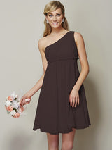 Classy Sleeveless One Shoulders Sash/Ribbon/Belt Short Chiffon Bridesmaid Dresses-Ballbella