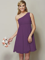 Classy Sleeveless One Shoulders Sash/Ribbon/Belt Short Chiffon Bridesmaid Dresses-Ballbella