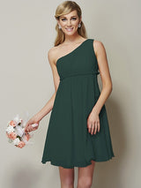 Classy Sleeveless One Shoulders Sash/Ribbon/Belt Short Chiffon Bridesmaid Dresses-Ballbella