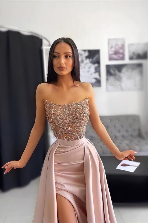 women's light pink strapless mermaid dress for a club singer Classy Strapless Dusty Pink Prom Dress Mermaid Slit With Lace Appliques