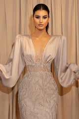 Classy V-Neck Evening Dress with Long Sleeves and Beadings-Ballbella
