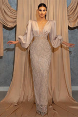 Classy V-Neck Evening Dress with Long Sleeves and Beadings-Ballbella