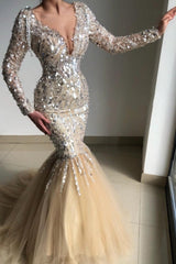 Classy V-Neck Long-Sleeve Mermaid Evening Dresses With Sequins-Ballbella