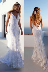 Cloth-fitting Floor Length Lace V-neck Spaghetti Open Back Prom Dresses Party Gowns With Lace Up-Ballbella