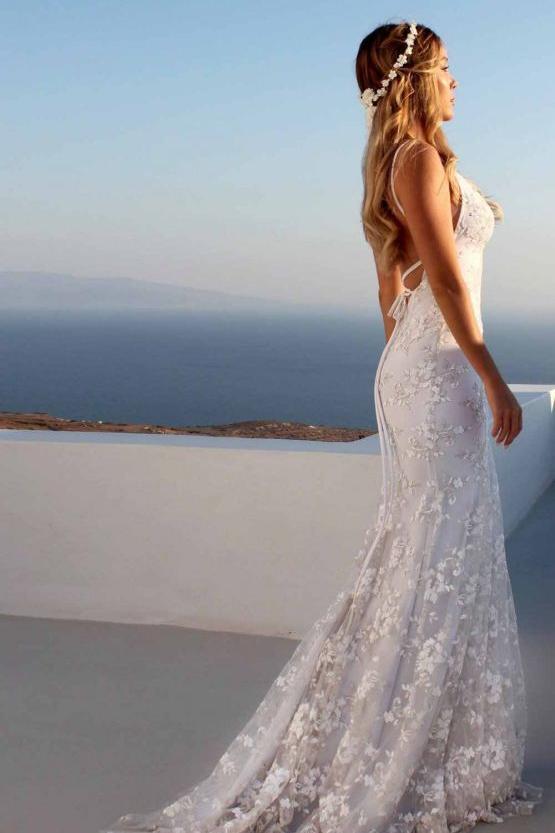 Cloth-fitting Floor Length Lace V-neck Spaghetti Open Back Prom Dresses Party Gowns With Lace Up Cloth-fitting Floor Length Lace V-neck Spaghetti Open Back Prom Dresses Party Gowns With Lace Up