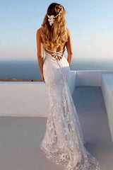 Cloth-fitting Floor Length Lace V-neck Spaghetti Open Back Prom Dresses Party Gowns With Lace Up-Ballbella