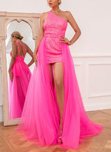 Column One-Shoulder Detchable Train Tulle/Sequined Homecoming Dresses-Ballbella
