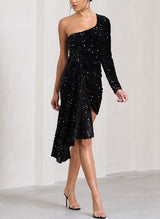 Column One-Shoulder Long Sleeves Short/Mini Sequined Homecoming Dresses-Ballbella