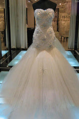 Court Train Mermaid Beading Sleeveless Tulle Sweetheart Wedding Dresses-Ballbella