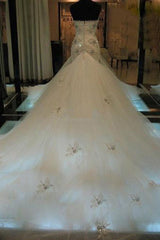 Court Train Mermaid Beading Sleeveless Tulle Sweetheart Wedding Dresses-Ballbella