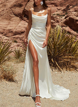 Cowl Neck Sleeveless Silk Like Satin Wedding Dresses High Split-Ballbella