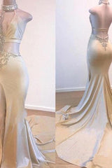Crystal Halter Side Slit Prom Dresses A-Line Backless Sleeveless Evening Dresses-Ballbella