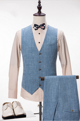 Custom design Blue Linen Suit For Wedding Peak Lapel Summer Groom and Groomsmen Suits-Ballbella