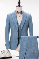 Custom design Blue Linen Suit For Wedding Peak Lapel Summer Groom and Groomsmen Suits-Ballbella