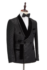 Custom design Velvet Lapel Double Breasted Prom Suit Belt Leopard Black Jacquard Men Suit for Wedding-Ballbella