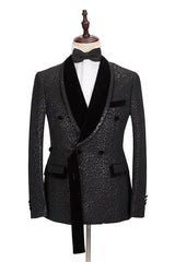 Custom design Velvet Lapel Double Breasted Prom Suit Belt Leopard Black Jacquard Men Suit for Wedding-Ballbella