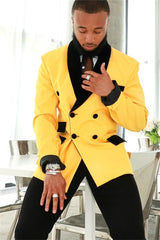 Custom design Yellow Double Breasted Slim Fit Mens Suits with Black Shawl-Ballbella
