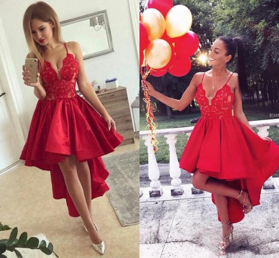 Cute Red High-low A-line Lace V-neck Homecoming Dress Cute Red High-low A-line Lace V-neck Homecoming Dress
