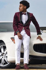 Mauve Velvet Prom Suit with Black Shawl Lapel and White Pants