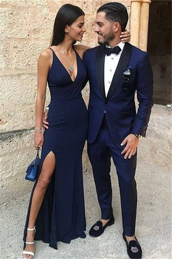 Dark Blue One Button Two-Piece Men's Prom Suits with Black Lapel Dark Blue One Button Two-Piece Men's Prom Suits with Black Lapel