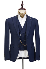 Dark Blue Three-piece Fashion Peaked Lapel Wedding Men Suits Sale-Ballbella