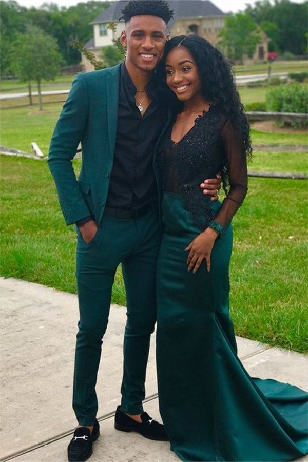 Emerald Green Two Piece Formal Dress Black Lace Crop Top Satin Floor Length Prom Dresses Two Emerald Green Two Piece Formal Dress Black Lace Crop Top Satin Floor Length Prom Dresses Two