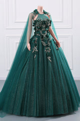 Dark Green Appliques Beaded Flowers Ball Gown Qunice Dresses-Ballbella
