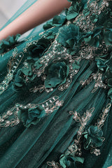 Dark Green Appliques Beaded Flowers Ball Gown Qunice Dresses-Ballbella