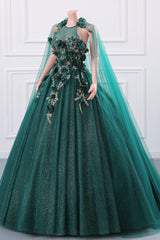 Dark Green Appliques Beaded Flowers Ball Gown Qunice Dresses-Ballbella
