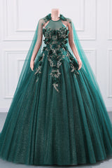 Dark Green Appliques Beaded Flowers Ball Gown Qunice Dresses-Ballbella