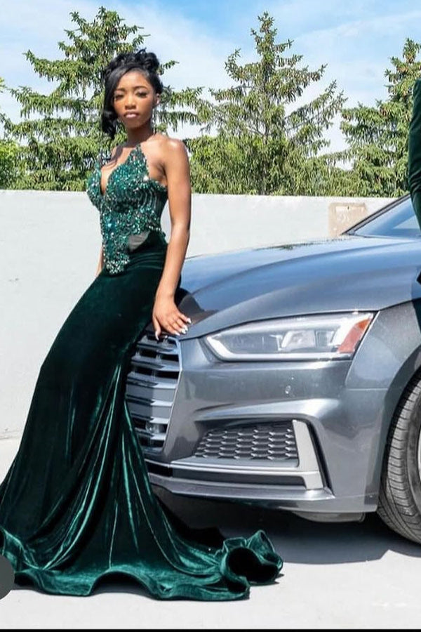 Dark Green Beaded Mermaid Fit Floor Length Prom Dresses Dark Green Beaded Mermaid Fit Floor Length Prom Dresses