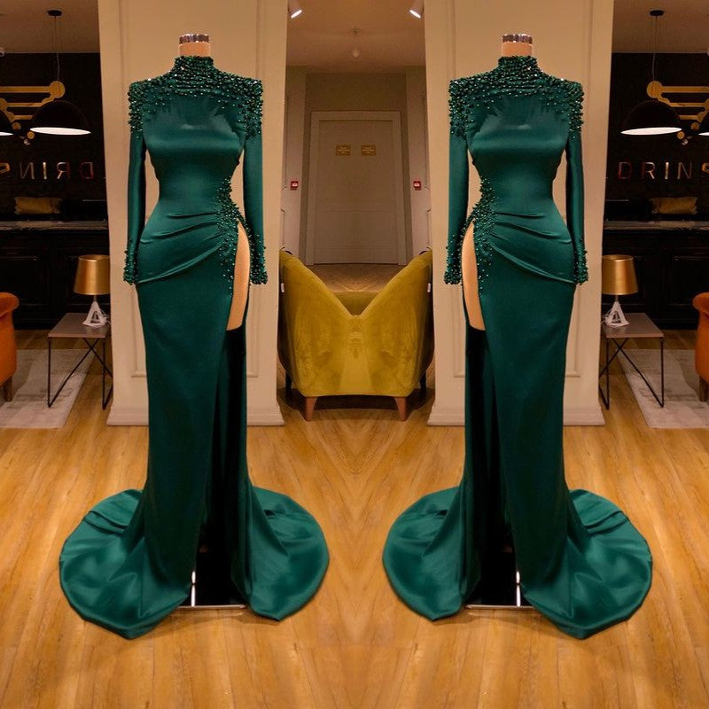 Dark Green Beadings Pearl Long Sleeves Evening Gowns Mermaid Prom Dress With Slit Dark Green Beadings Pearl Long Sleeves Evening Gowns Mermaid Prom Dress With Slit